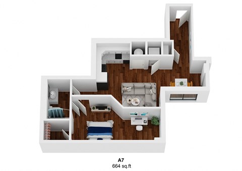 Floor plan for 1 bed, 1 bath, 664 sqft
